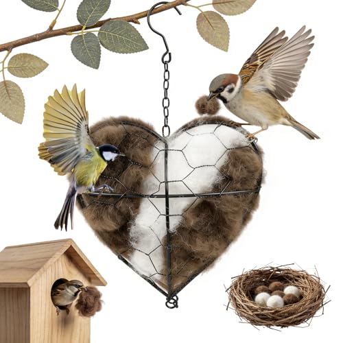 KOSIMI Handmade Alpaca Fiber Bird Nesting Heart, Birds Nests Material Holder, Hummingbird Houses Nest Boxes Gifts for Outside Garden Art Birdhouse, Birds Lovers, Winter Tree Shelter for Wild Bird