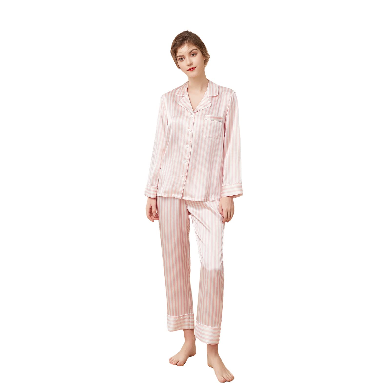 THXSILK Silk Women's Pajama 2-Piece Set, 6A Pure Mulberry Silk Round Neck Long Sleeve Nightwear with Long Pants