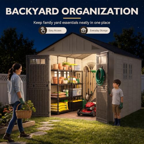 Image of Aoxun 8x12 Ft Outdoor Storage Shed with Lighe & Floor, Large Resin Outdoor Shed with Lockable Door & Windows, Garden HDPE Sheds for Lawn Tools, Pool Supplies & Bikes