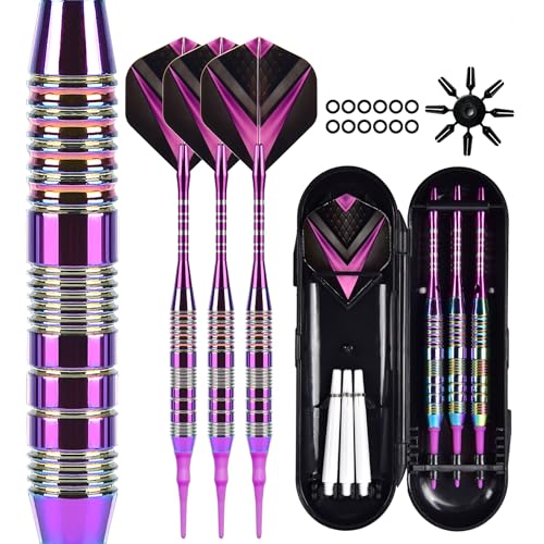 Purple Plastic Tip Dart Set for Electronic Dartboards - Premium Metal Body, Enhanced Accuracy, Elegant Design, Ergonomic Grip, Complete Box Set for Both Casual & Competitive Gaming