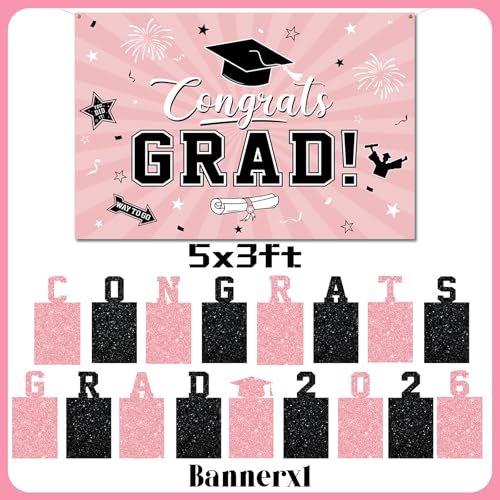 Image of 2026 Graduation Decorations, Pink Themed Class of 2026 Decorations Set, Congrats Grad Backdrop, Photo Banner, Door Banner, Balloons and Pom Poms Supplies for High School College Graduation Party