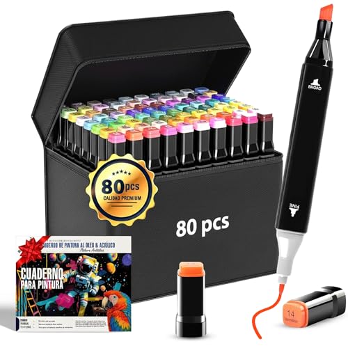 RUAGUMO® SUPER PACK 80 Rotuladores Alcohol PREMIUM + CUADERNO REGALO Para Practicar | Marcadores Alcohol Doble Punta | 2s De Secado | Alcohol Markers | Canetas Ideal Para Profesionales y Principiantes