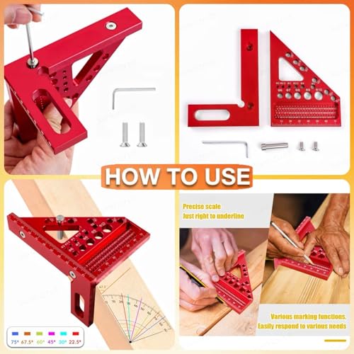Image of Sunkizzrs Aluminum Alloy 3D Multifunctional Woodworking Ruler -Adjustable Angle Precision Miter Square Measuring Tool -Professional Triangle Ruler for Carpentry, DIY & Construction (22.5-90)