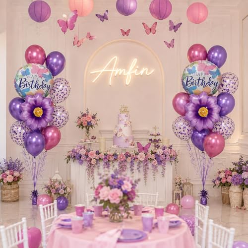 Image of AMFIN (Pack of 20) 17 Inch Butterfly Theme Birthday Balloon Bouquet Purple Chrome Metallic Finish Foil Latex Confetti Women Girls Decoration Item Kit Rainbow Flower