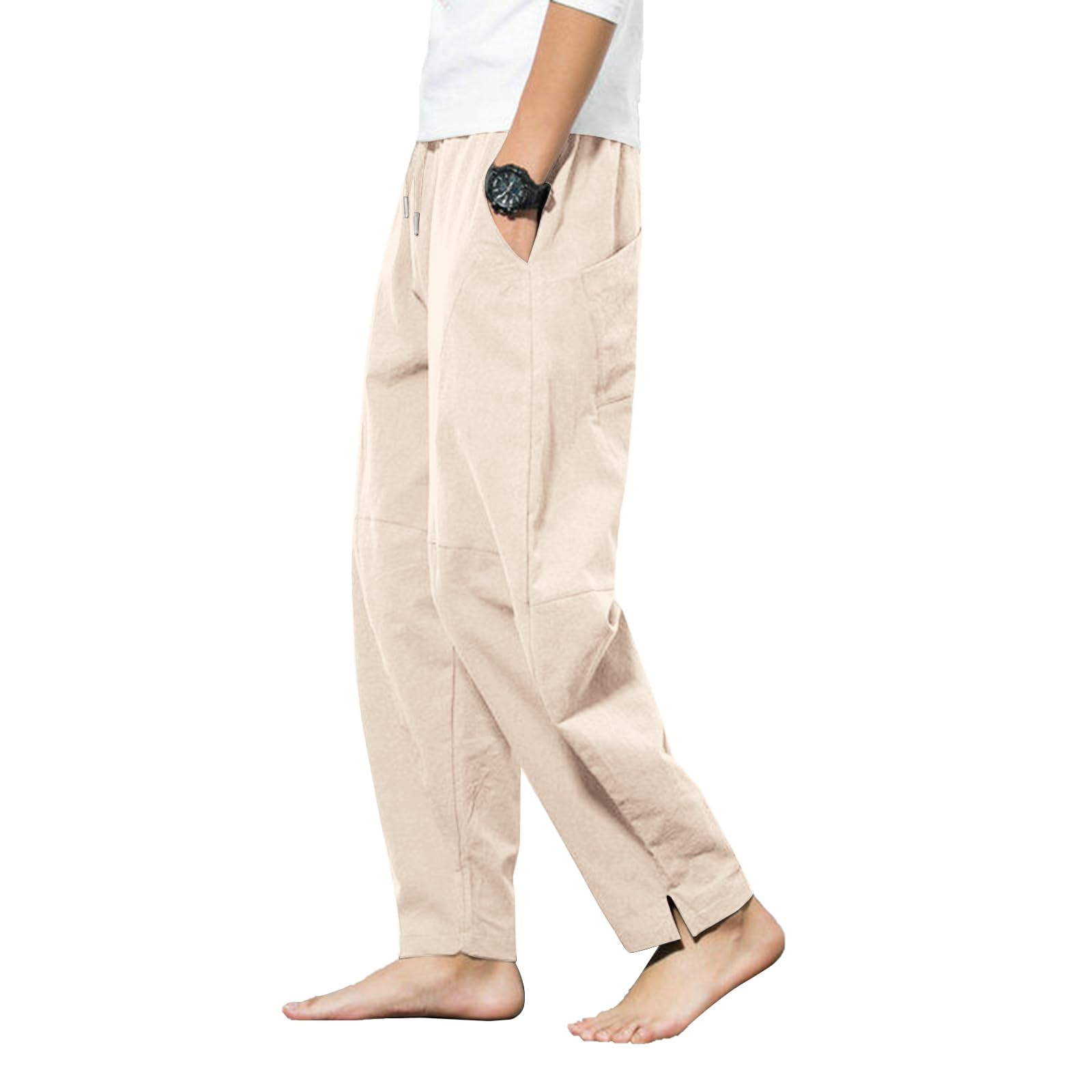 LAOARA Pantaloni di Lino da Uomo Pantaloni Leggeri Estivi Casual Pantaloni Elasticizzati in Vita Pantaloni da Spiaggia Yoga