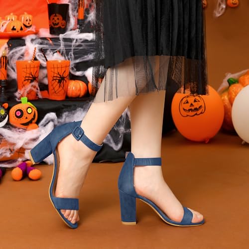 Image of Allegra K Women's Open Toe Chunky High Heel Buckle Ankle Strap Sandals | 3 3 /8 inches Heels with Faux Suede, Comfortable Block Heels Sandal for Women, Summer Dressy Shoes