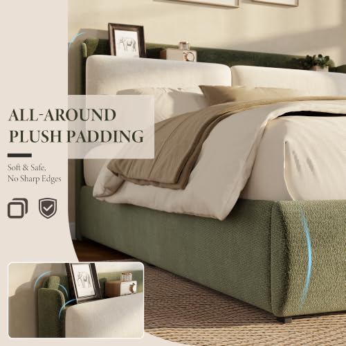 Image of Garvee Full Upholstered Bed Frame with Recessed Shelf- Green & Beige