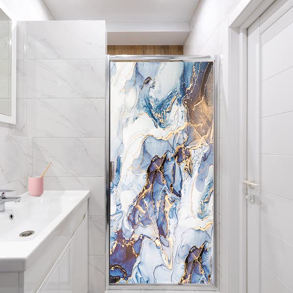 Kazynee Ink Marble Print Decorative Window Film, Abstract Modern Luxury Blue Gold Striped, 17.7Wx23.6L-Inch, 1 Count