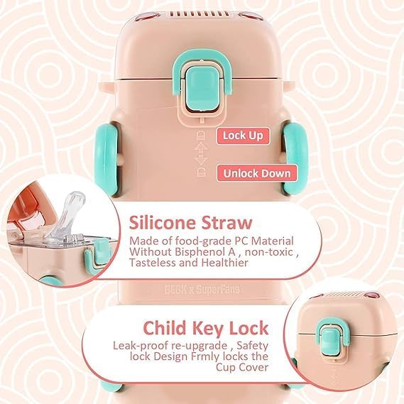 Image of Zollyss Kids Water Bottle with Straw, Cartoon Bus Design, 500ml Capacity, One-Button Press Lock (Pink)