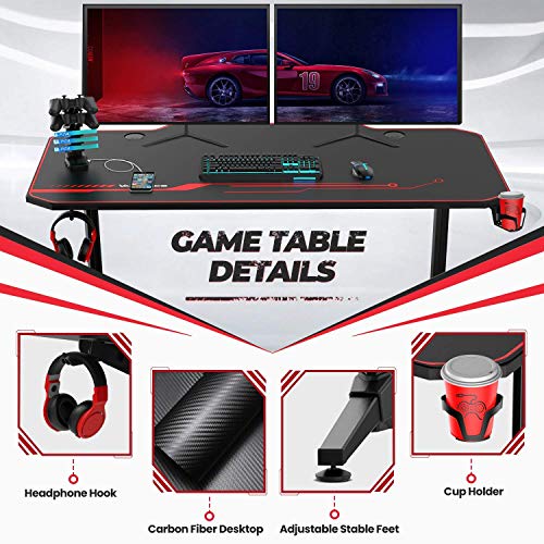 VANSPACE 55 Inch Gaming Desk with Free Mouse Pad, Ergonomic T-Shaped Office Desk PC Computer Desk, Gamer Tables Pro Workstation with USB Gaming Handle Rack, Stand Cup Holder