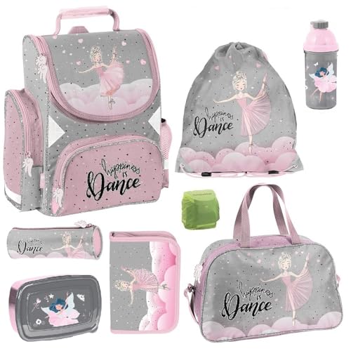 Familando - Schulranzen Set - 8-teilig mit Federmappe - Ballerina - Ergonomisch, stabil & mit gepolstertem Rücken - 1010g leicht - 18L Volumen - Mit Reflektoren - Für Grundschule ab 1. Klasse