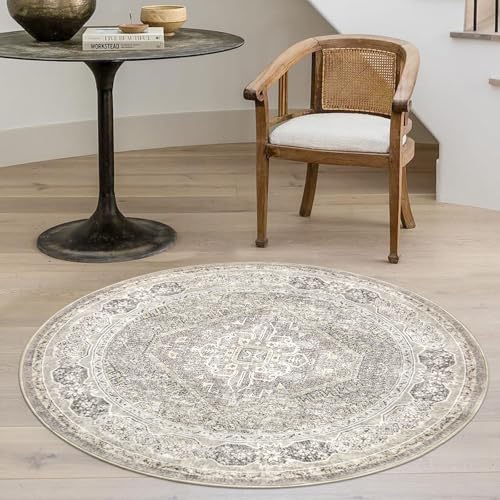KUTA Oriental Small Round Rugs 3ft, Ivory Grey Yellow Washable Circle Indoor Area Rugs, Non-Slip Vintage Medallion Foyer Carpet for Entryway Farmhouse Kitchen Dining Room Table