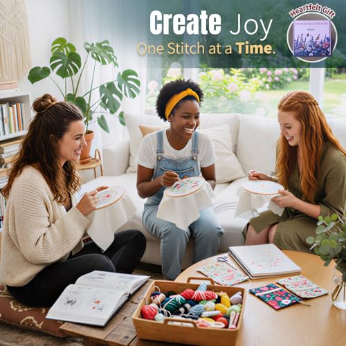 Image of ETSPIL Embroidery Kit for Beginners & Adult, 3-Pack 33-Stitch Floral Samplers, Pre-Stamped Designs, 7.8-Inch Hoop, Threads, Needles, Storage Bag, Guide & Video, DIY Craft Gift for Women