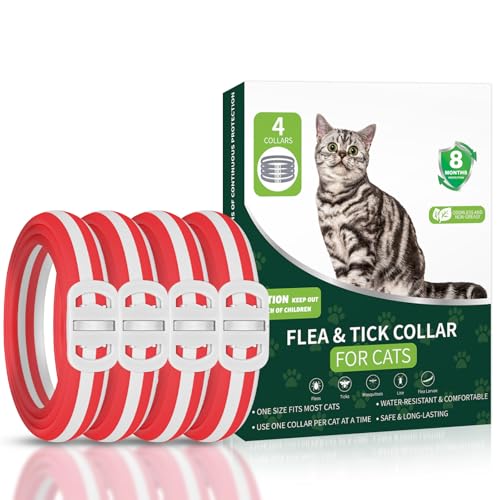 4 Pack Cat Flea Collars Cat Flea and Tick Treatment 32 Months Protection Flea and Tick Prevention for Cats Waterproof Flea Collar for Cats One Size Fits All Red and White