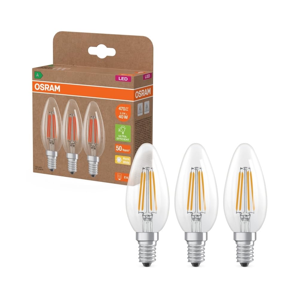 OSRAM High-Efficiency LED Lamps with Energy Efficiency Class A, Pack of 3 Bulbs, Replaces Traditional 40W Incandescent Bulbs, Candle Shape, Warm White (2700K), E14, Filament Glass