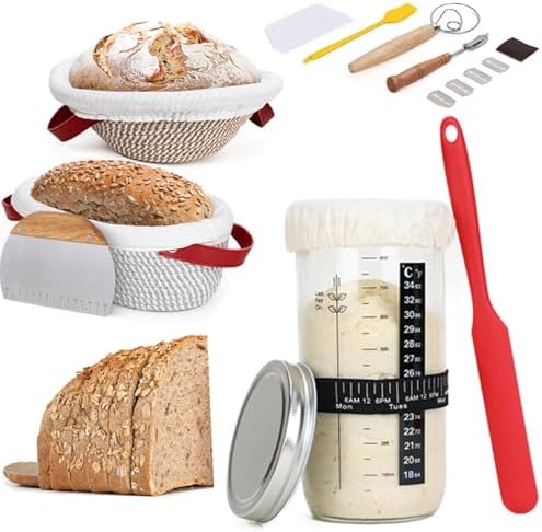 Premium Pro Sourdough Starter Kit Bakeware Sets, Banneton Bread Proofing Basket Set, 34oz Sourdough Starter Jar, 9