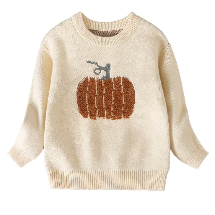 Kids Pumpkin Knit Sweater, Cream Color, Fall Holiday Design