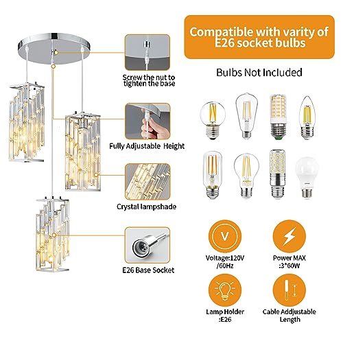 Image of Chrome Pendant Lighting Modern Pendant Light, Mini Crystal Chandeliers,Adjustable Pendant Light Fixture for Kitchen Island Dinning Room Bedroom (3 Light)