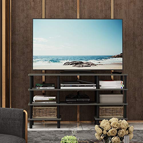 Image of Furinno Turn-N-Tube 4-Tier Multipurpose Wide Shelf TV Stand, French Oak Grey /Black