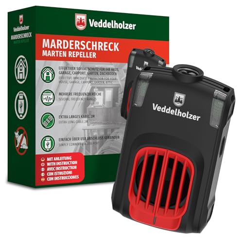 Veddelholzer Marderabwehr mit USB Stecker Ultraschall & LED Blitzlichter für 70m Marderschreck für Dachboden Haus Garage Carport Keller Gartenhütte UVM auf natürliche Weise Marder vertreiben