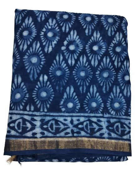 Pure Cotton Dabu Print Saree Deep Blue, [Sucobelblu 2]
