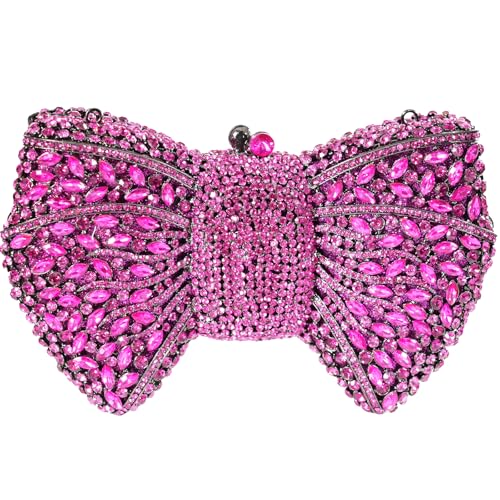 Image of Handmade Inlay Rhinestone Bow Clutch Bag for Women, Sparkling Evening Party Wedding Purse with Detachable Pearl Chain