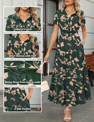 Image of Kranda Women 2026 Summer Collared V Neck Short Sleeve Button Down Chiffon Long Tiered Floral Maxi Dress with Pockets