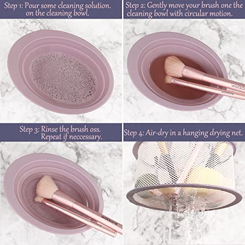 Makeup Brush Cleaning Mat & Hanging Drying Net, Foldable Silicone Makeup Brush Cleaner Brush Cleaning Pad Cleaning Bowl With Mesh Drying Rack Basket To Dry Makeup Sponge, Powder Puff, Brush (Purple) #TOP1