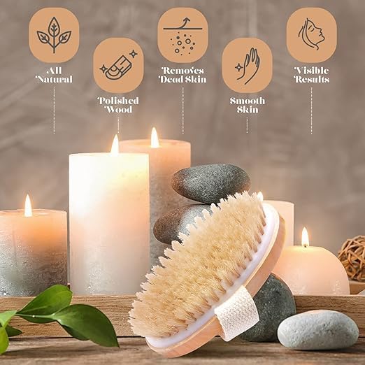 Image of KIMEE Premium Natural Bristle Dry Body Brush for Exfoliation, Lymphatic Drainage & Smooth Skin - Wooden Handle with Hand Strap, Spa-Quality Cellulite & Dead Skin Remover for Shower & Dry Brushing Routine