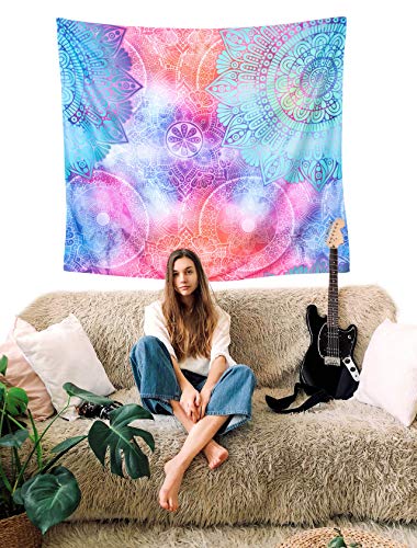 Pink and Blue Mandala Tapestry - Colorful Room Decor for Teen Girls