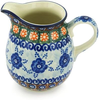 Polmedia Polish Pottery Pitcher UNIKAT - Dancing Blue Poppies Pattern Handmade in Boleslawiec Poland by Ceramika Artystyczna + Certificate of Authenticity