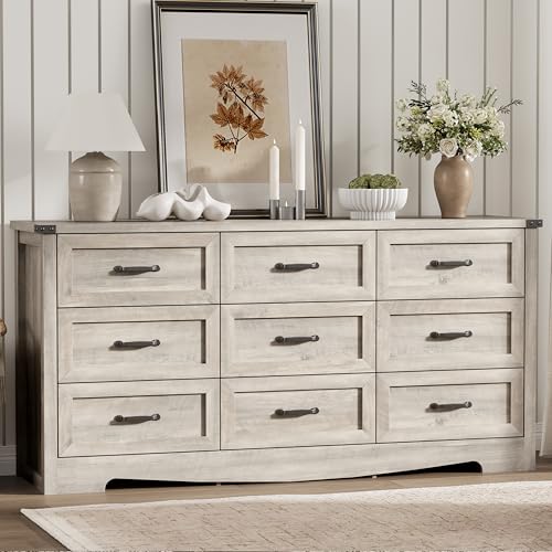 Image of Dresser for Bedroom with 9 Drawers, 63 inch Wide Wood Chest of Drawers with Deep Drawers & Mental Handle, Modern Dresser TV Stand, Wooden Closet Storage Organizer for Living Room, Hallway, Entryway, Grey