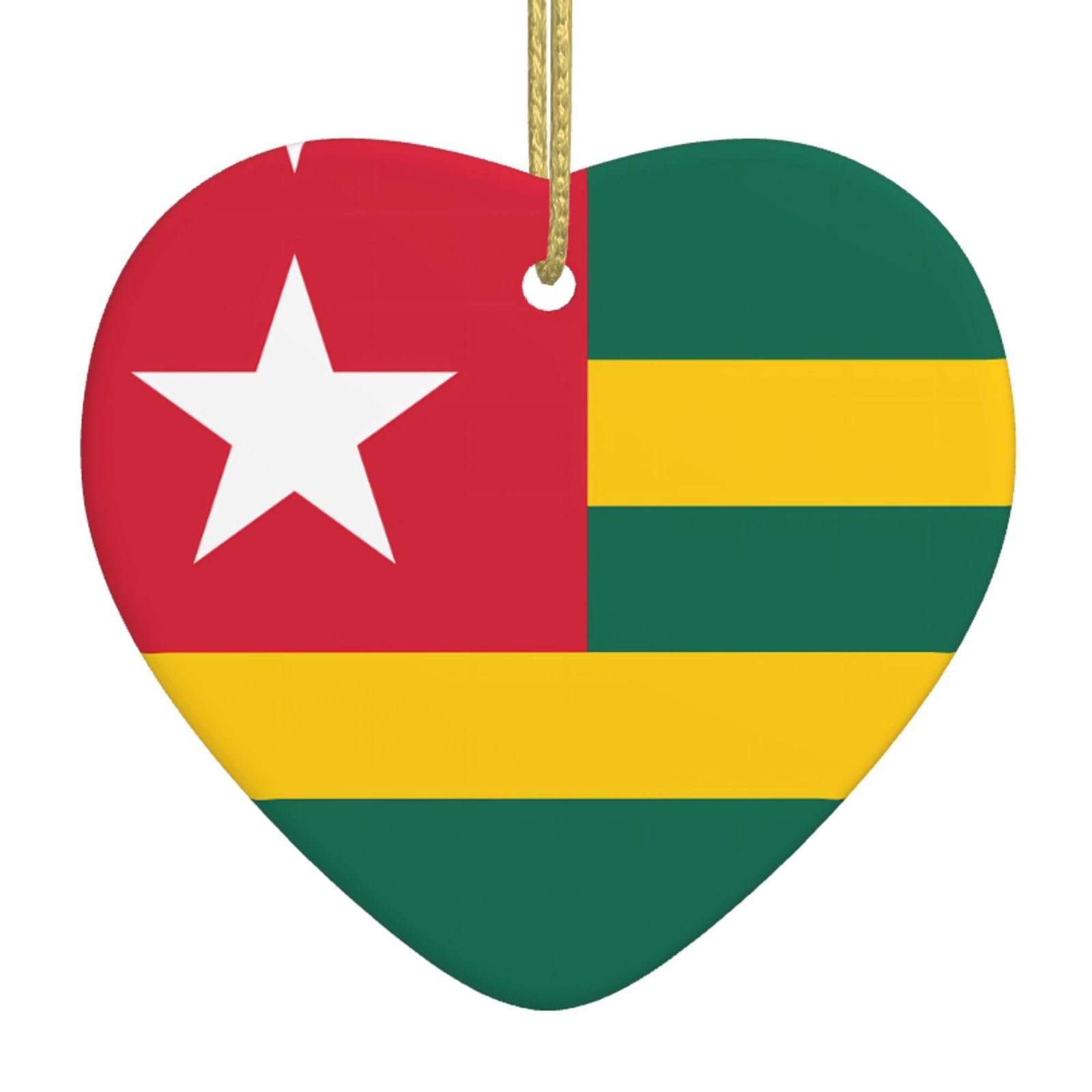 Flag of Togo Ceramic Christmas Heart Pendant with Silk Thread, Christmas Tree Home Decoration