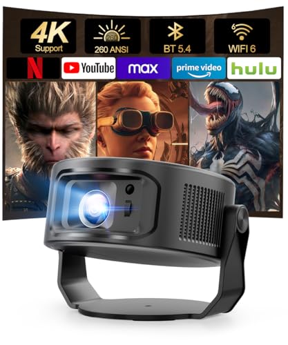 Magcubic Proyector Portatil, 260 ANSI Wi-Fi 6 y Bluetooth 5.4,Proyector 4k Corrección Trapezoidal Automática y Enfoque Manual, Projector Libre de 360° más 35° para Exterior Cine Jardin