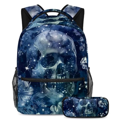 Sac à dos ado motif tête de mort à fleurs bleues grand cartable scolaire avec trousse
