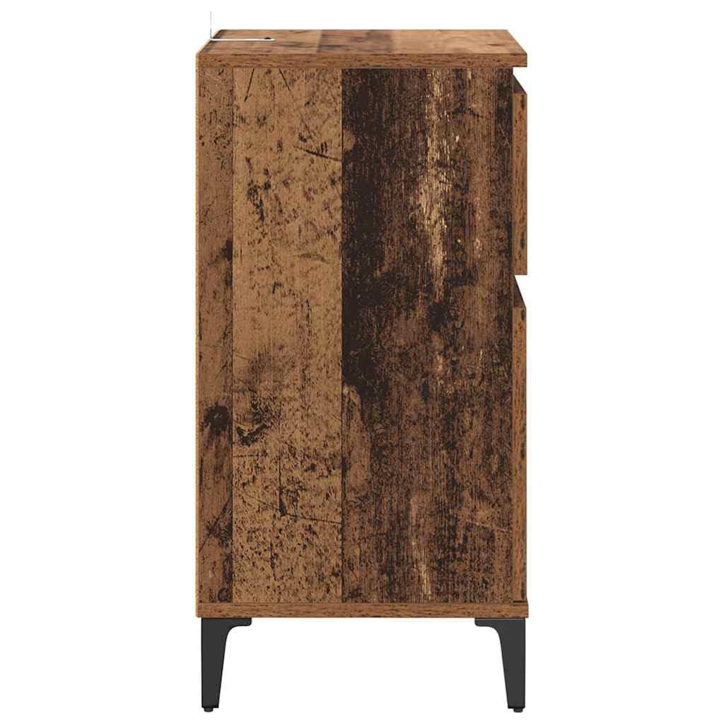 Juego de 2 mesitas auxiliares de madera con aspecto de madera envejecida | Mesas auxiliares compactas para el dormitorio con patas de acero resistentes y práctico cajón de diseño industrial.