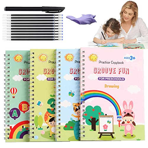Cahier Calligraphie pour Enfant, 4PCS Cahier De Pratique Magique avec Stylo Et Recharges, Livre De Pratique D'écriture Réutilisable, Livre De Calligraphie Magique, Livre Ecriture Maternelle Effacable Cover