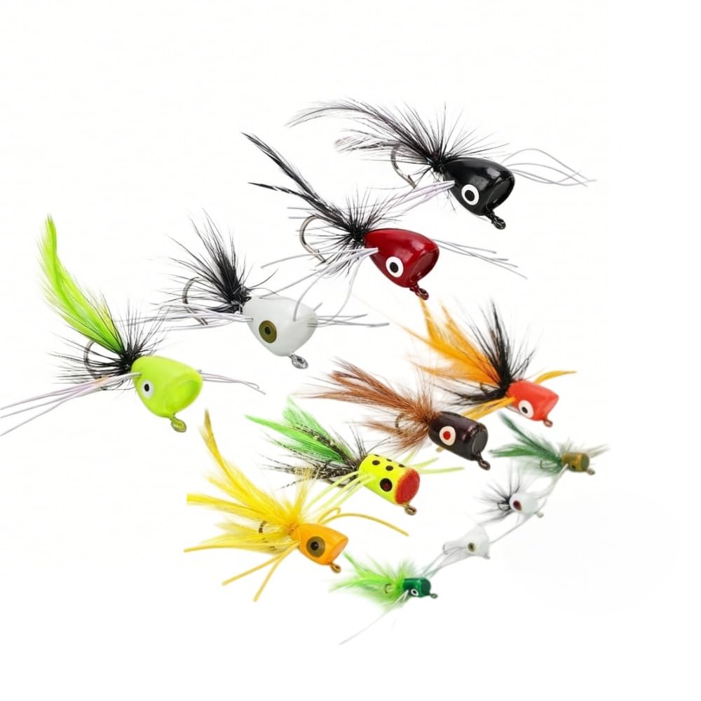 12 Pcs Fly Fishing Poppers Flies, 3 Sizes Fly Fishing Lures, Fly Fishing Accessories for Trout Salmon Bass