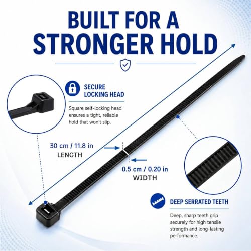 Image of Zip Ties 12 inch, 100 Pack Heavy Duty Black Zip Ties with 120 lbs Tensile Strength, Self-Locking Nylon Cable Ties,Wire Ties for indoor and outdoor use.