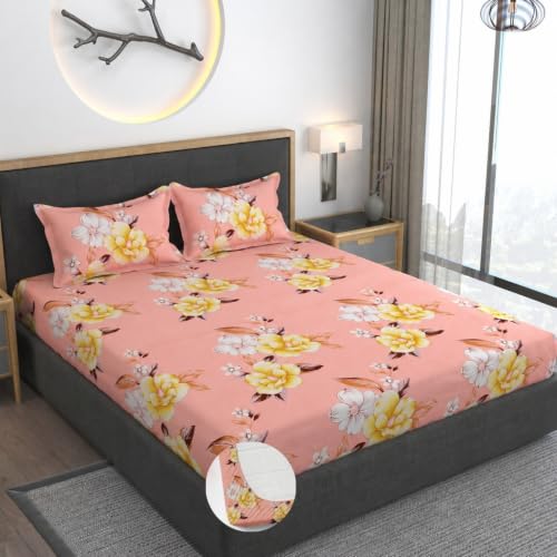 Image of Vaini Premium Heavy Cotton Elastic Fitted Bedsheets with 2 King Size Pillow Covers || Double Bed with All Around Elastic 350 TC || 60 x 78 x 8 Inch Queen Size Fitted || :- Baby Pink Flower