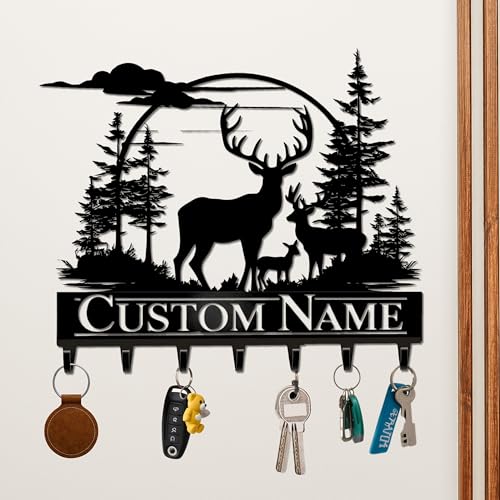 LOWACOS Personalized Key Holder for Wall, Custom Metal Deer Cabin Key Hooks, Farmhouse Deer Wall Decor, Rustic Keyholder Decor for Doorway, Garage, Kitchen, Custom Key Rack Organizer, Metal Coat Rack