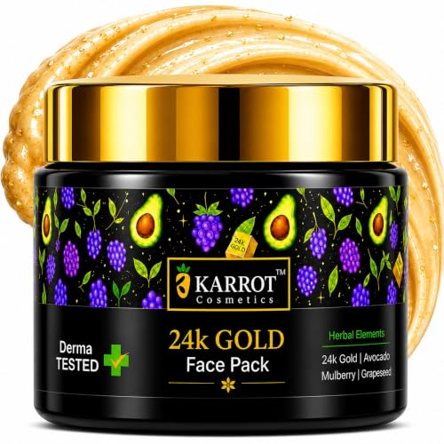 Image of KARROT 24K Gold Face Pack for Glowing Skin 100g with Avocado Mulberry Grapeseed for Instant Glow and Tan Removal, Kaolin Clay Hyaluronic Acid Alpha Arbutin, All Skin Types