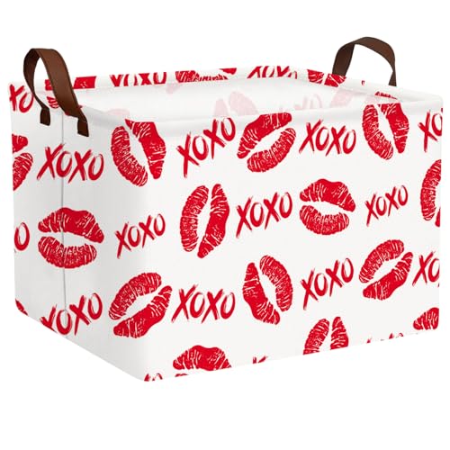 Image of Valentine's Day Basket for Gifts Empty Cute Heart Large Gift Basket Decorative Storage Bin for Kid and Baby Room Decor (XOXO Red Lips)