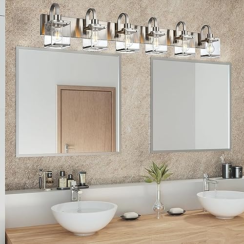 Image of 6-Light Bathroom Light, Brushed Nickel Vanity Light Fixture Over, Mirror,Modern Wall Lamp with Clear Glass Shade Wall Sconce Lighting for Living Room, Bedroom, Hallway