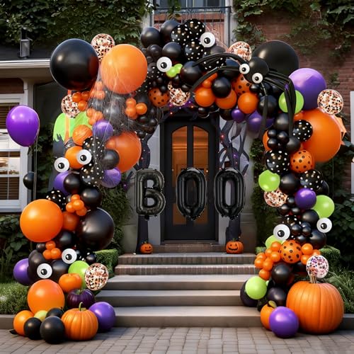163Pcs Halloween Balloon Garland Arch Kit Orange Black Purple Green Balloons with Eyeballs Spider Web Boo Aluminum Foil Balloons for Halloween Birthday Party Decorations