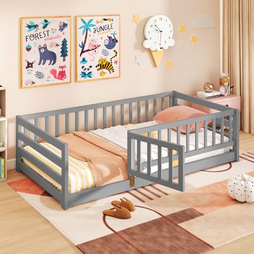 Giantex Twin Floor Bed with High Fence & Door, Montessori Floor Bed with 21.5' Safety Guardrails,...