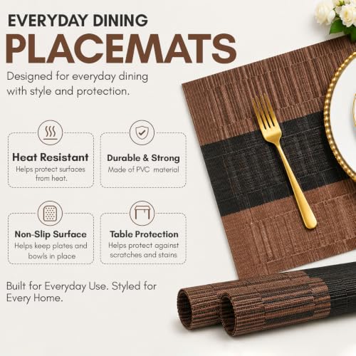 Image of Solitude Set of 6 Dining Table Placemats | Non-Slip PVC Table Mats, Heat Resistant, Washable, Stain-Resistant Surface, (Brown & Black, 45 x 30 cm)