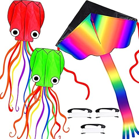 3 Pack Kites, Rainbow Kite & Octopus Kites (Red, Green), 3D Kite Long Colorful Tail Beach Kites Adults Gift, Kites for Kids Easy to Fly, Kite Kit with 100m Kite String, Kiteboarding Kites for Adults Cover