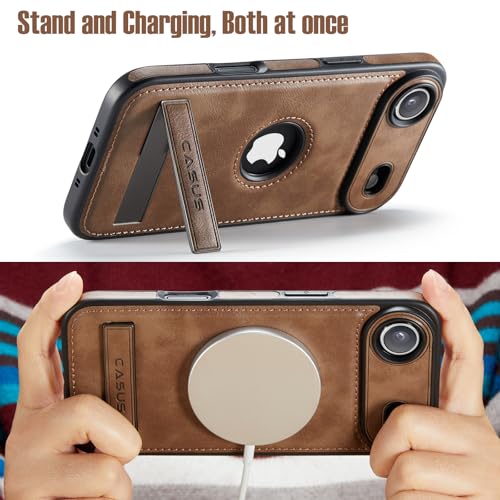 Image of Casus for iPhone Air Case, MagSafe Compatible Vegan Leather Case with Slim Kickstand, Protective Cover with Tempered Glass Screen Protector, Gray, 6.5 Inch (2025)