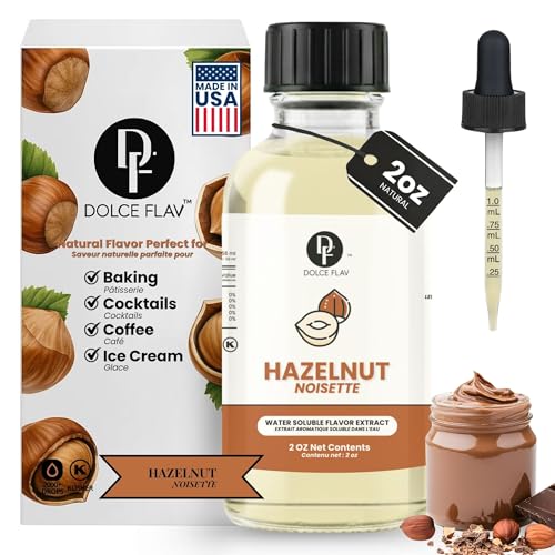 Image of Dolce Flav Natural Hazelnut Extract - 2 Ounce Water-Soluble Kosher, Sugar-Free, Premium Coffee & Baking Flavoring for Lattes, Biscotti & Frosting, Includes Measured Dropper
